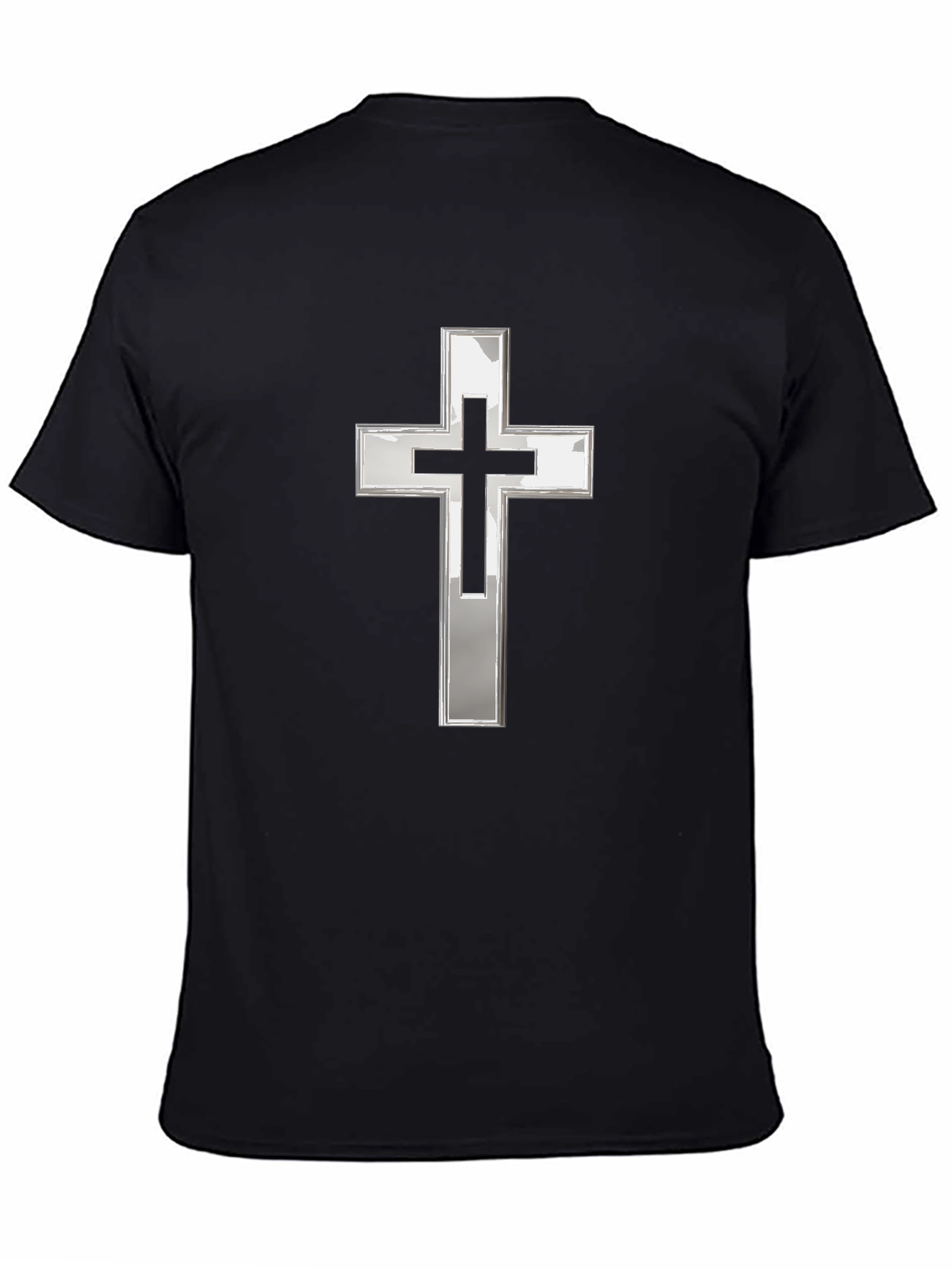 Black T-Shirt with Silver Christian Cross Graphic