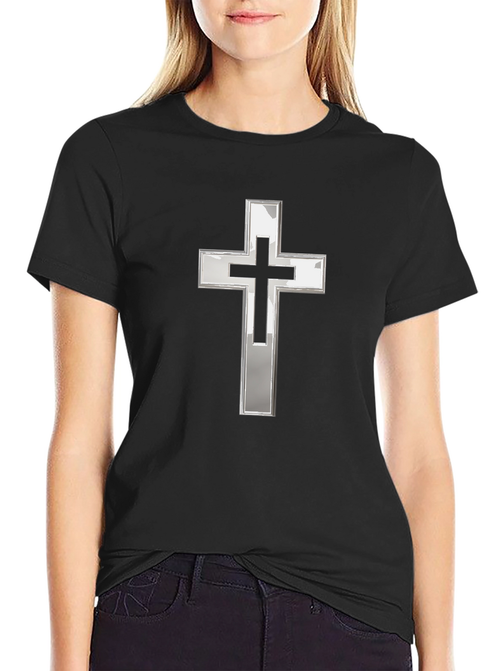 Black T-Shirt with Silver Christian Cross Graphic