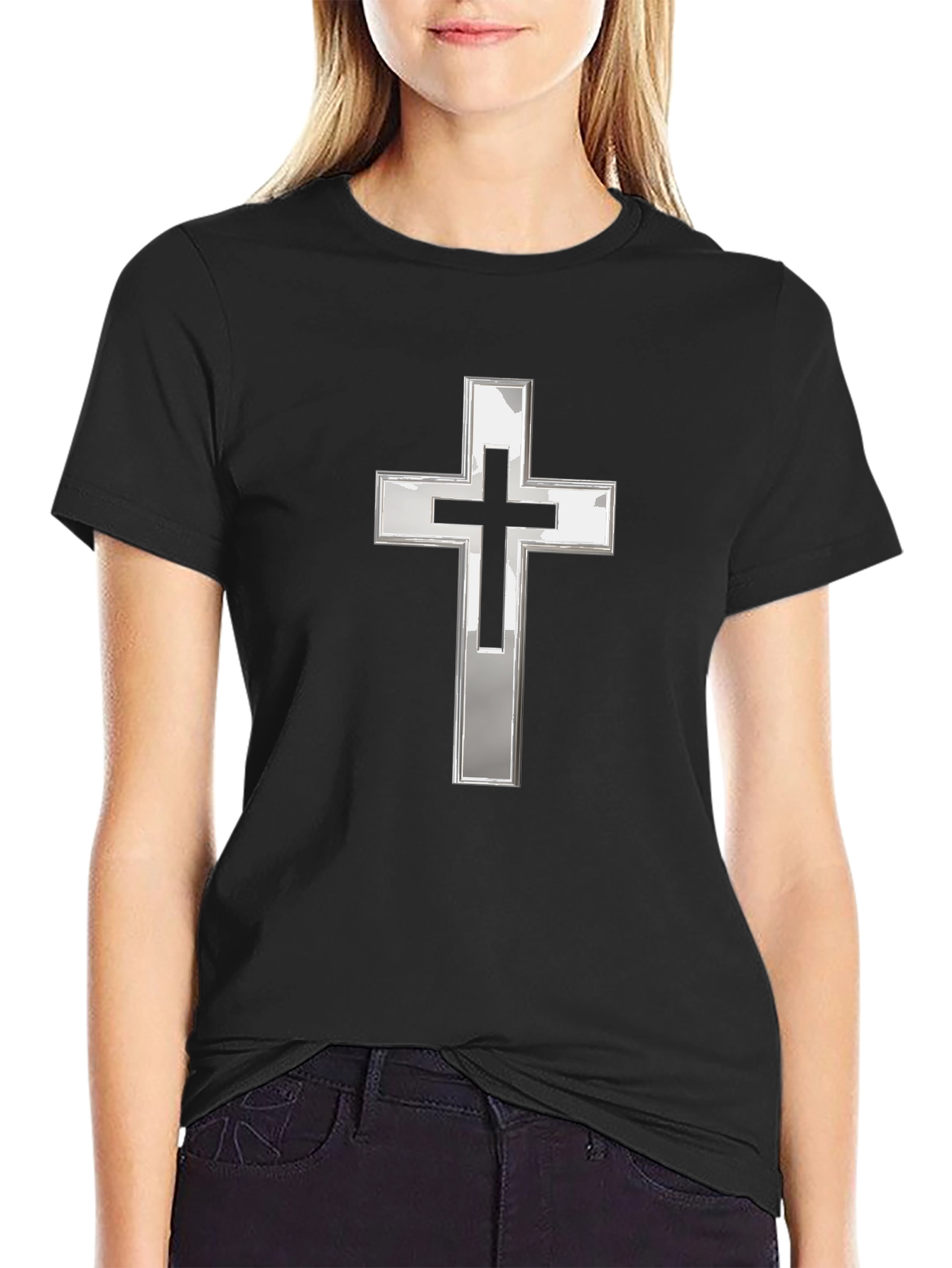 Black T-Shirt with Silver Christian Cross Graphic