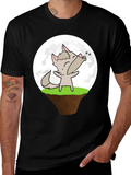 Cartoon Wolf Howling at the Moon Graphic T-Shirt