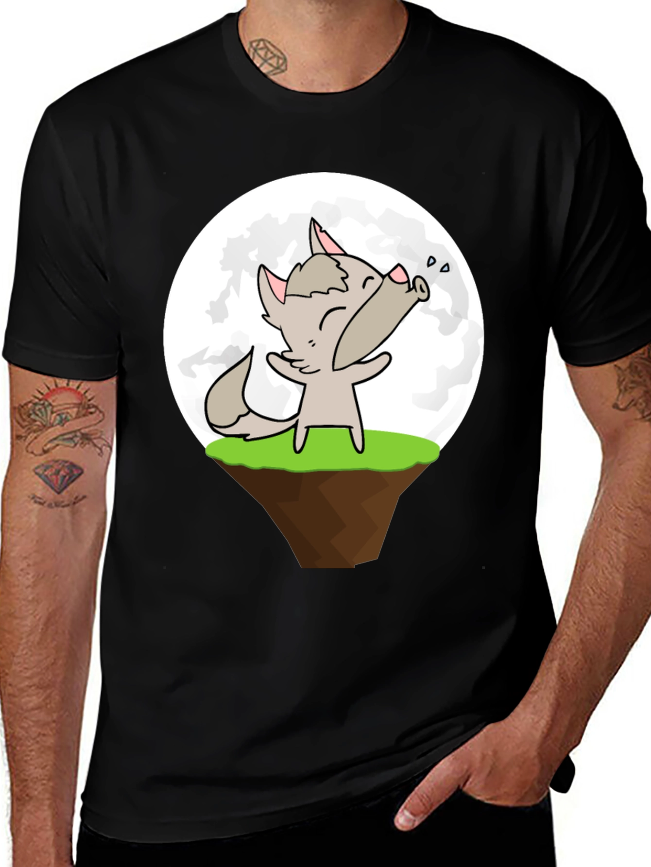 Cartoon Wolf Howling at the Moon Graphic T-Shirt