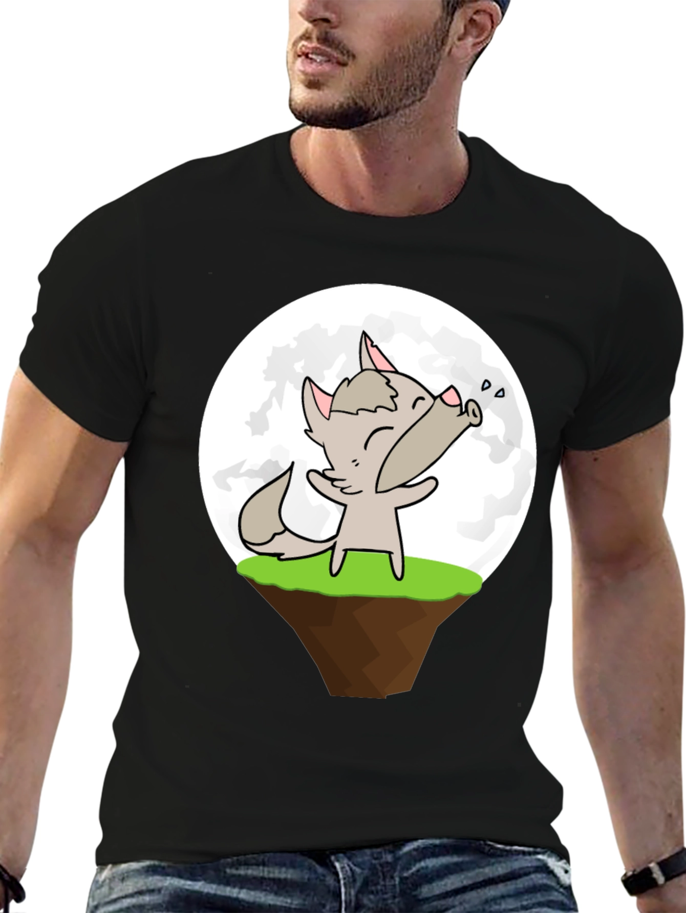 Cartoon Wolf Howling at the Moon Graphic T-Shirt