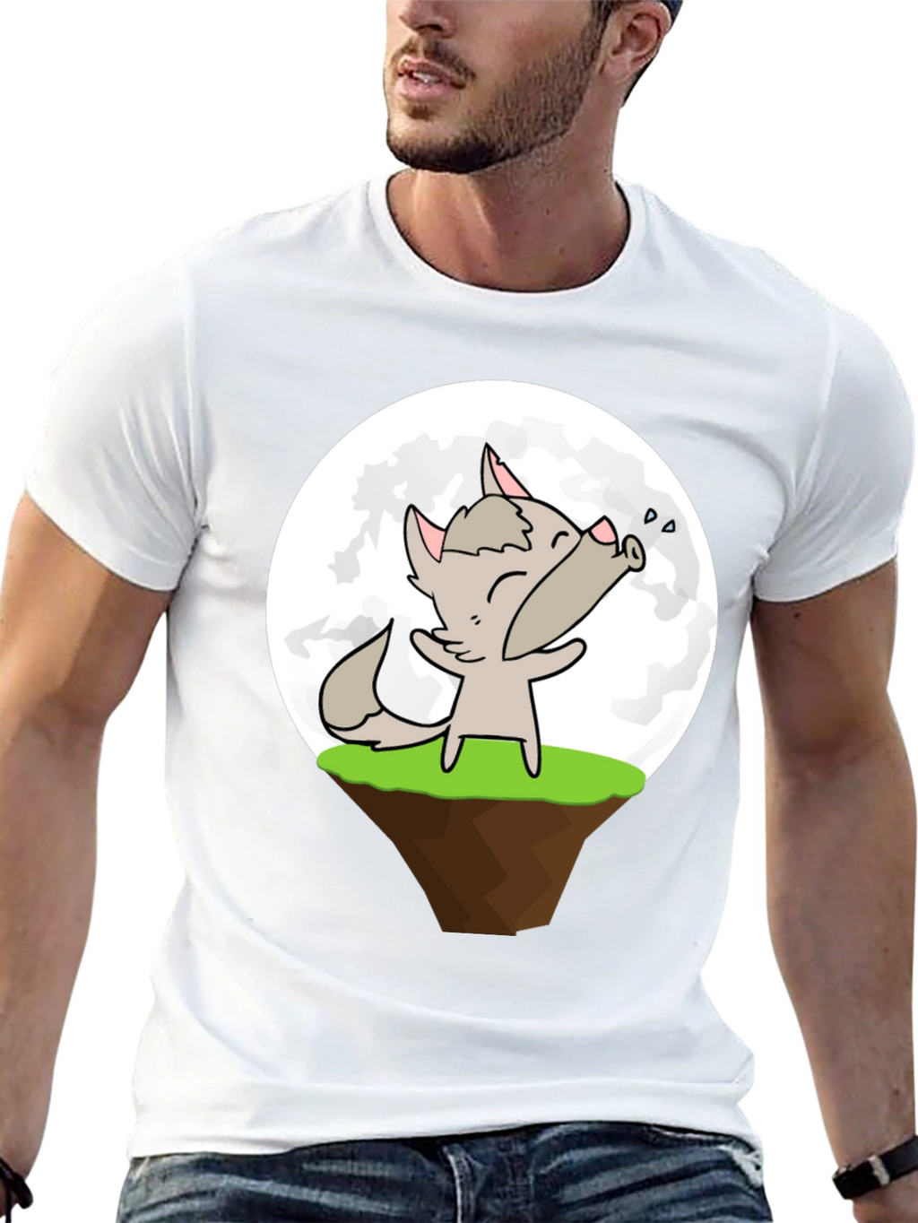 Cartoon Wolf Howling at the Moon Graphic T-Shirt