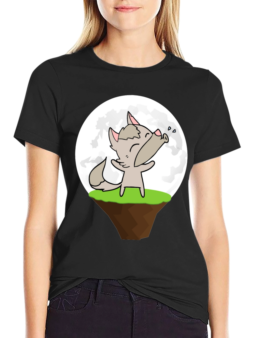 Cartoon Wolf Howling at the Moon Graphic T-Shirt