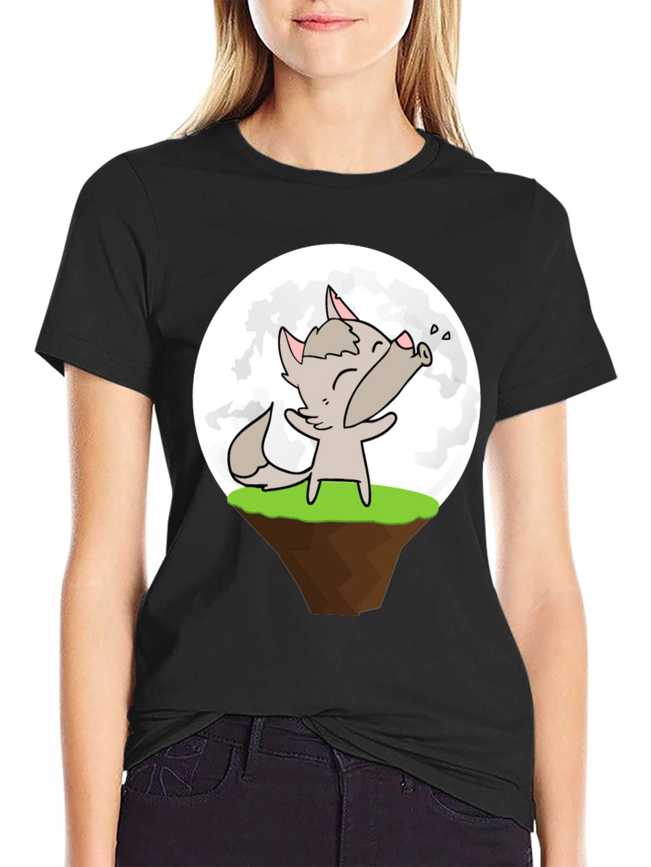 Cartoon Wolf Howling at the Moon Graphic T-Shirt
