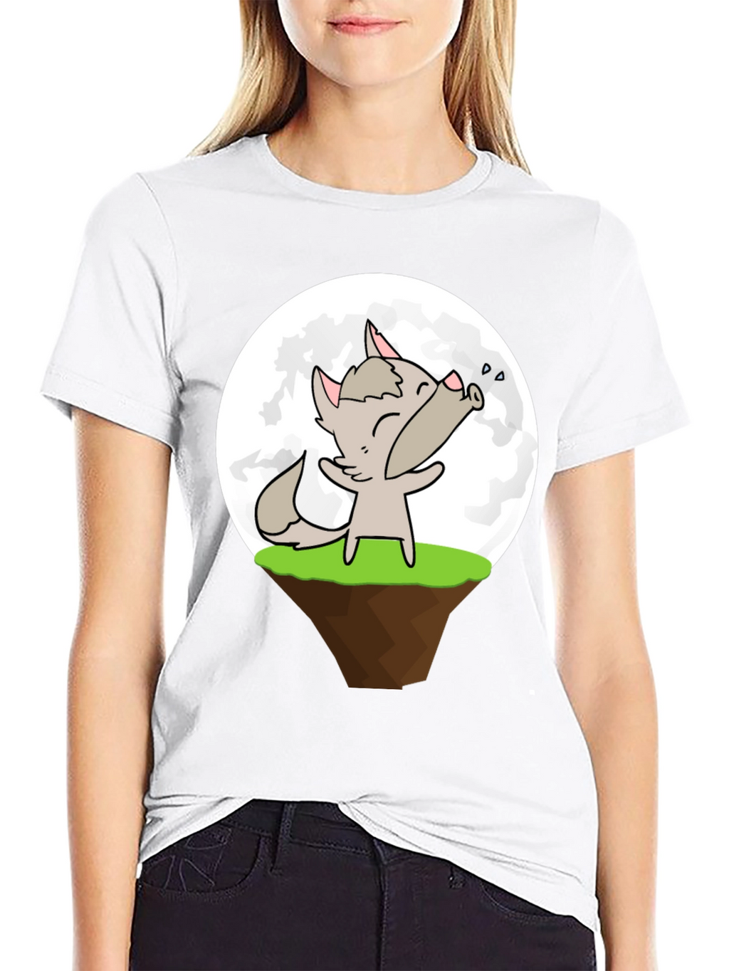Cartoon Wolf Howling at the Moon Graphic T-Shirt