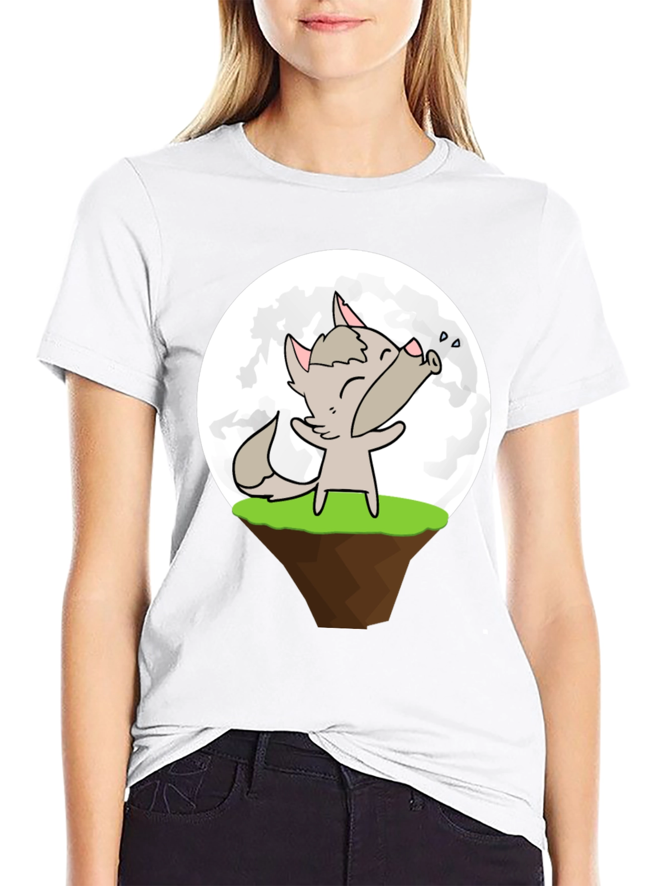 Cartoon Wolf Howling at the Moon Graphic T-Shirt