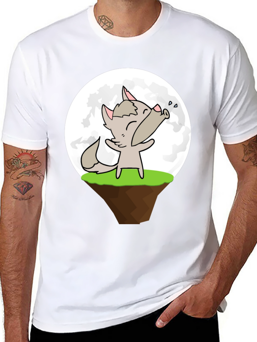 Cartoon Wolf Howling at the Moon Graphic T-Shirt