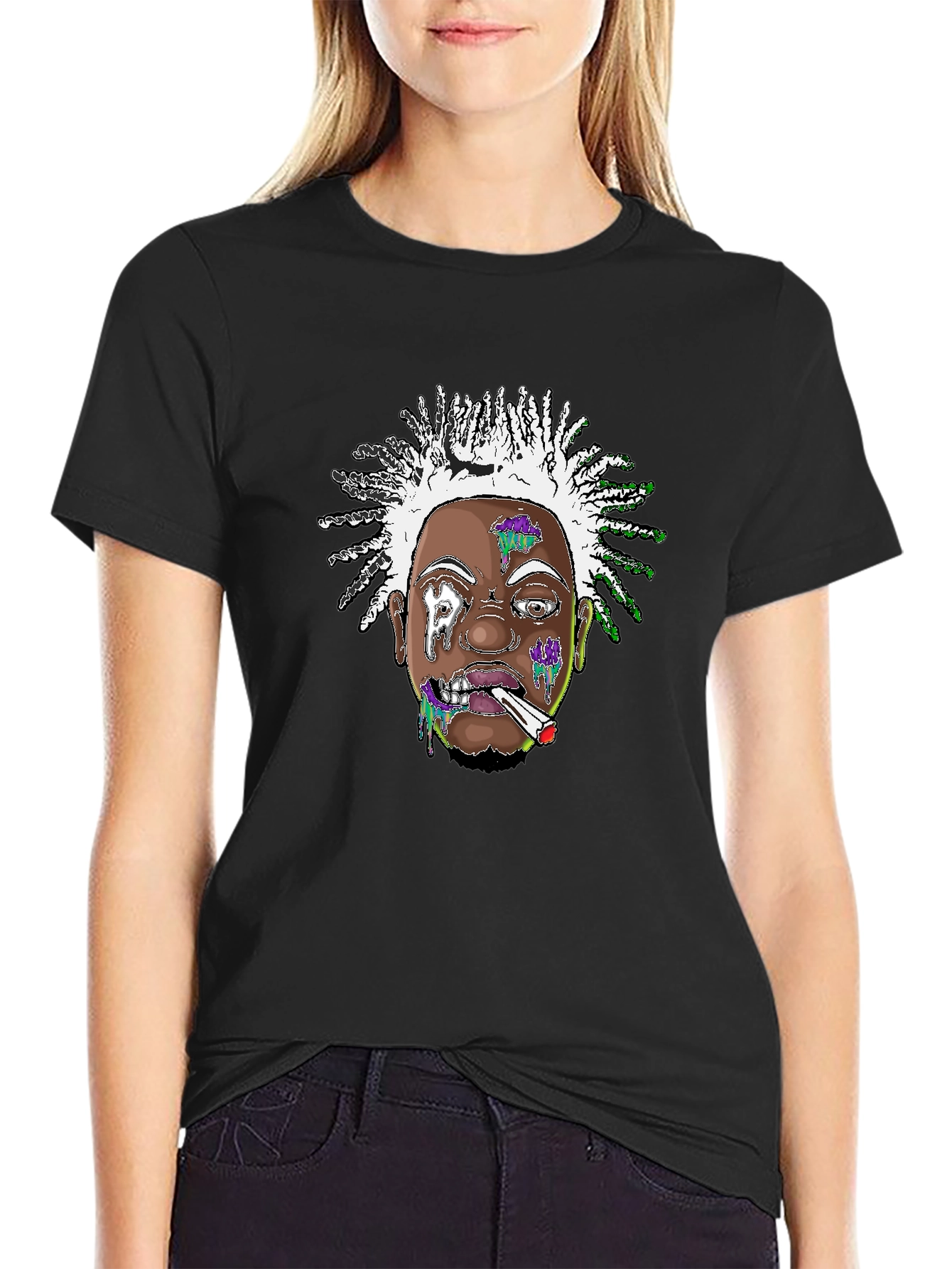 Edgy Cartoon Graphic Tee - Black Cotton Blend