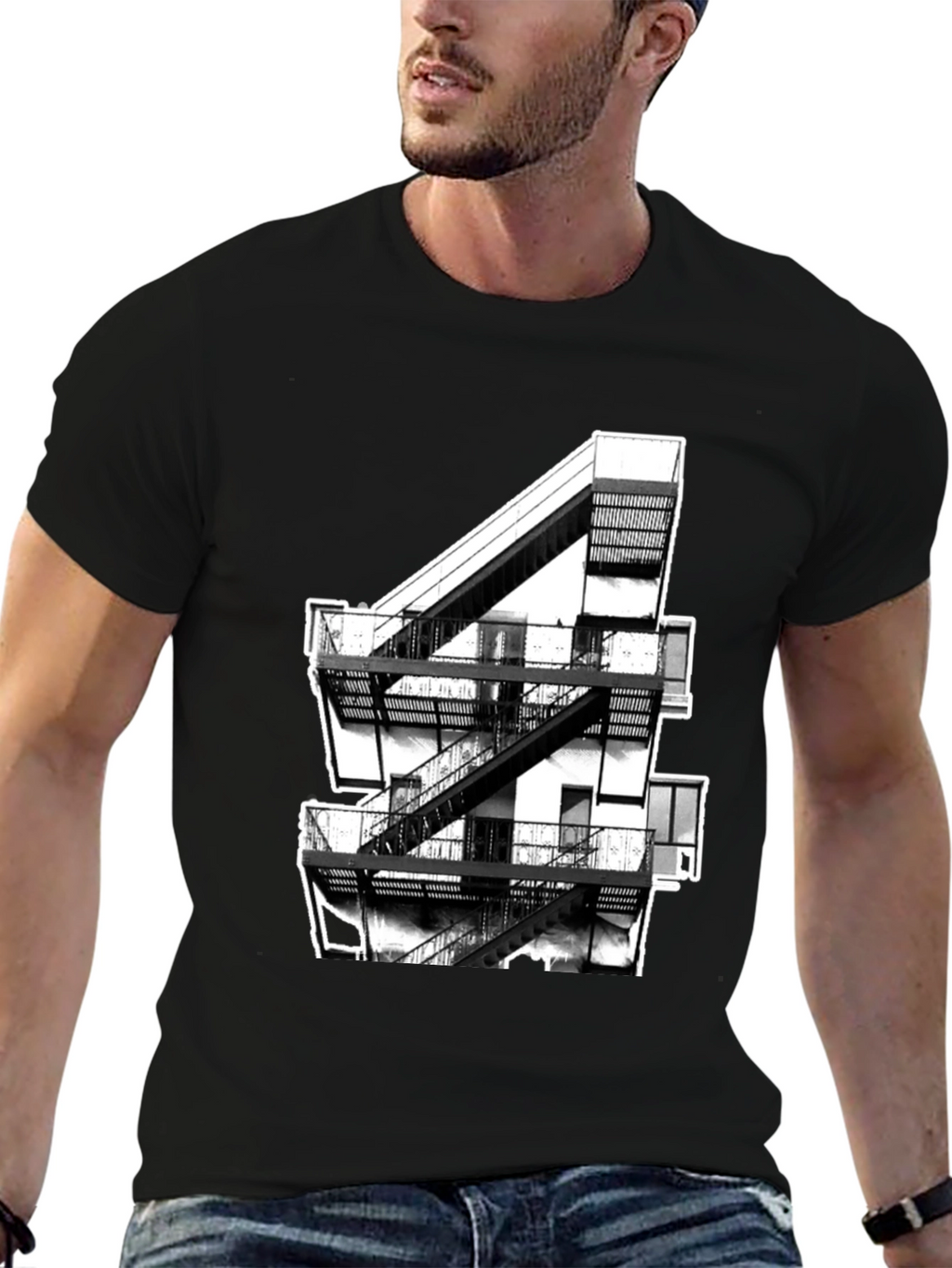 Urban Fire Escape Graphic Tee - Black Cotton T-Shirt