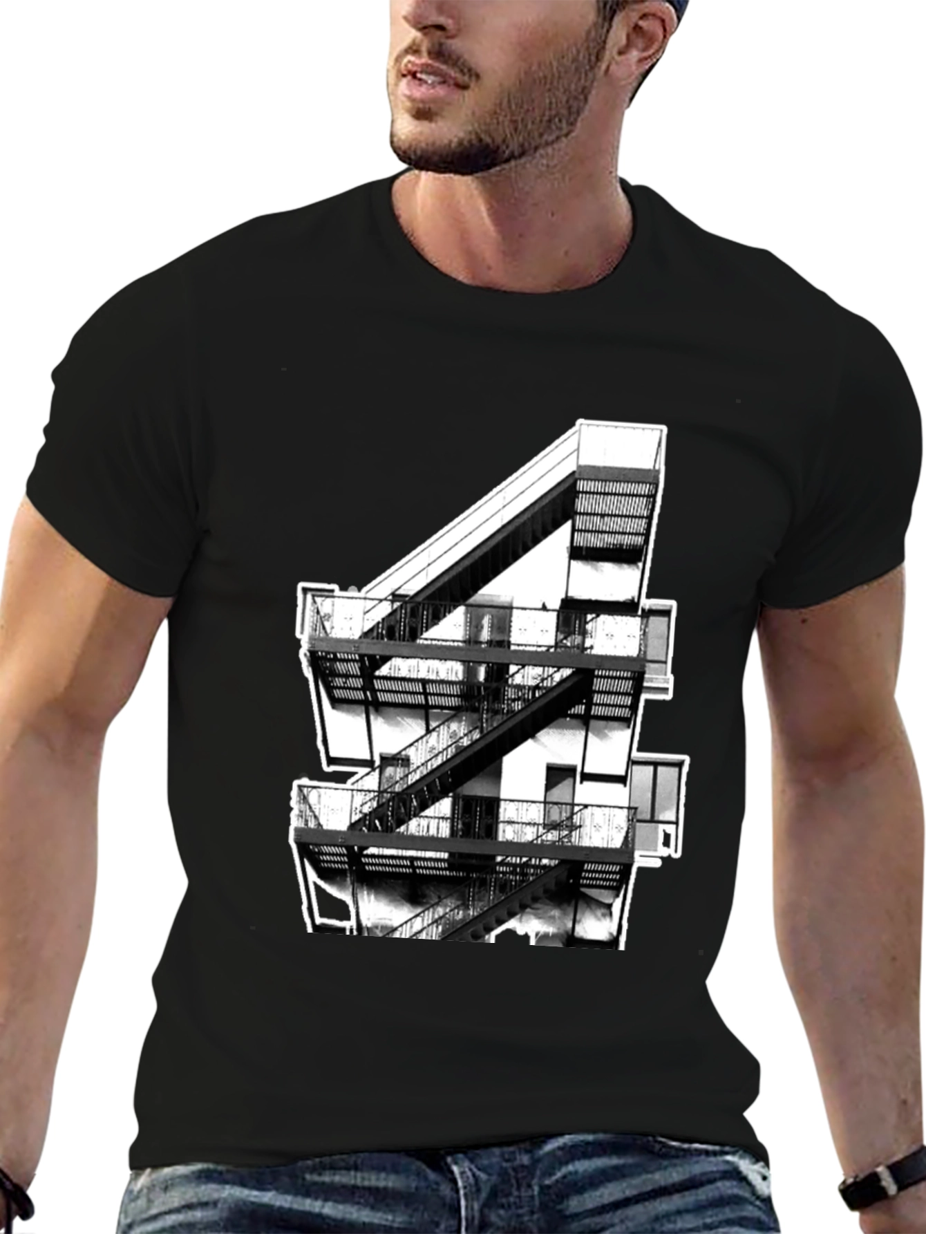 Urban Fire Escape Graphic Tee - Black Cotton T-Shirt