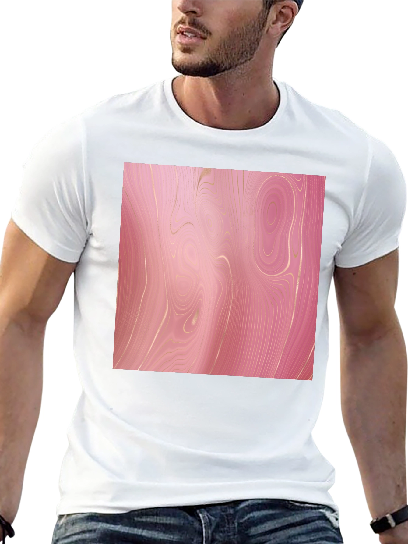 Trendy Pink Marble Print Black T-Shirt