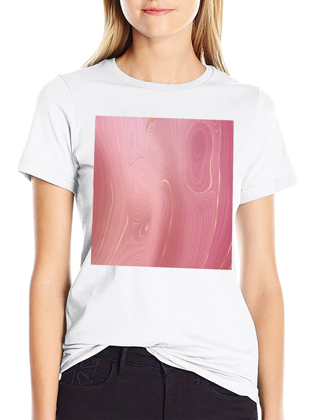 Trendy Pink Marble Print Black T-Shirt