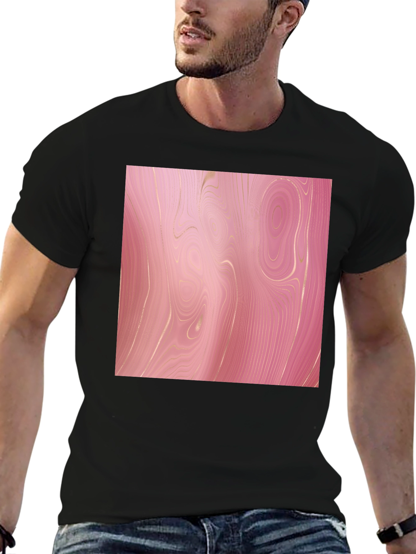 Trendy Pink Marble Print Black T-Shirt