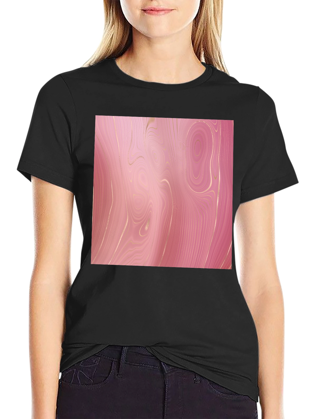 Trendy Pink Marble Print Black T-Shirt