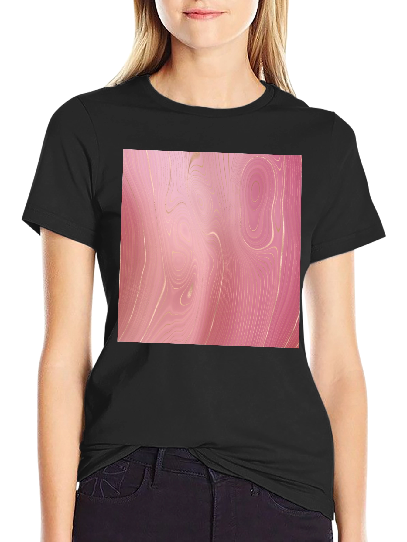 Trendy Pink Marble Print Black T-Shirt