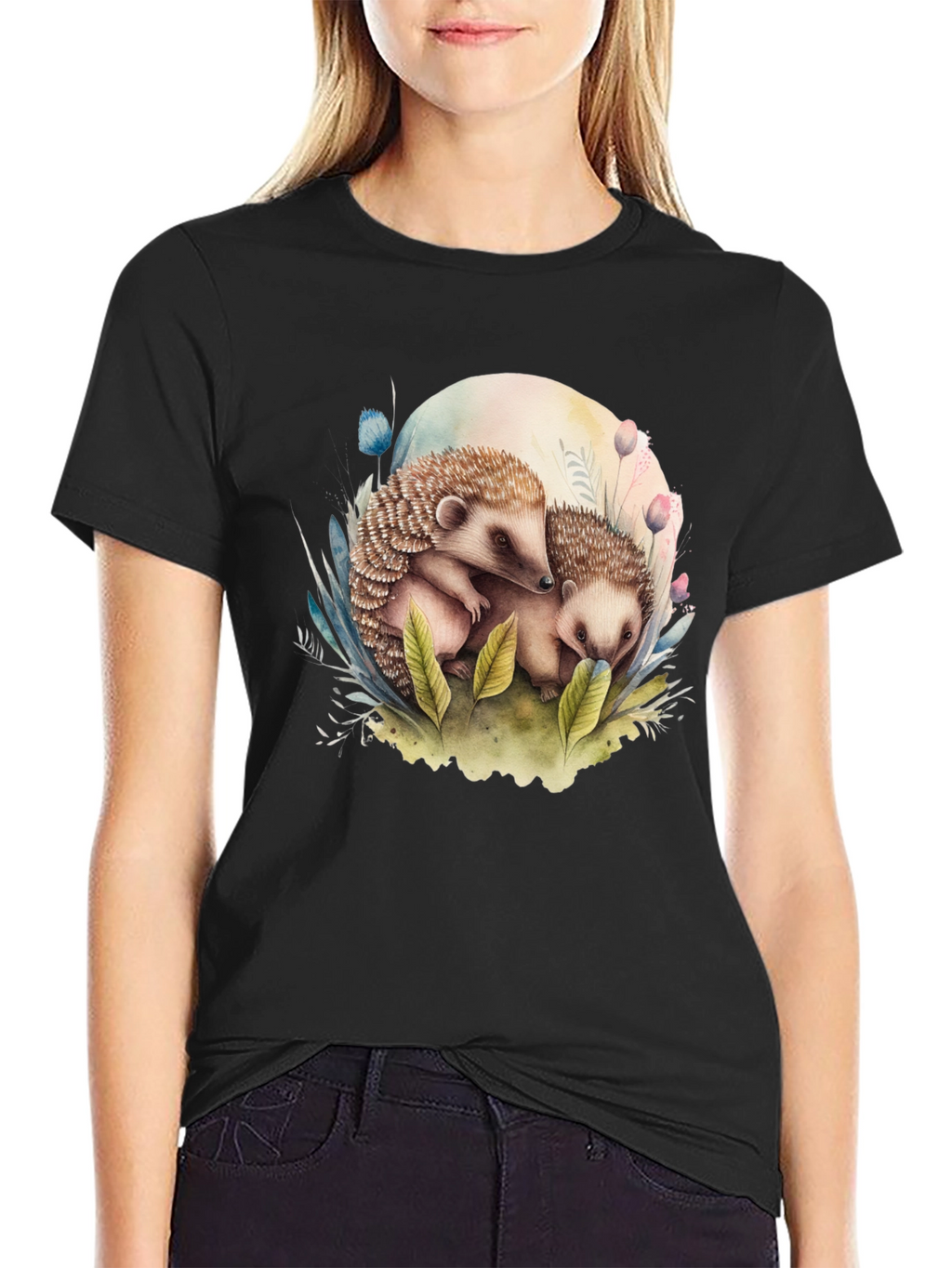 Cute Hedgehog Graphic Tee - Black