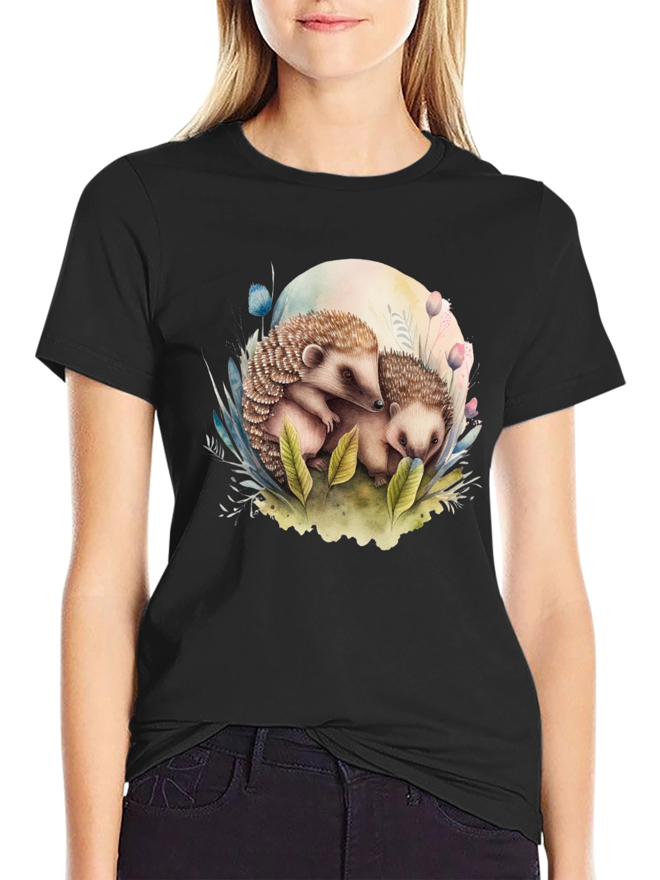 Cute Hedgehog Graphic Tee - Black