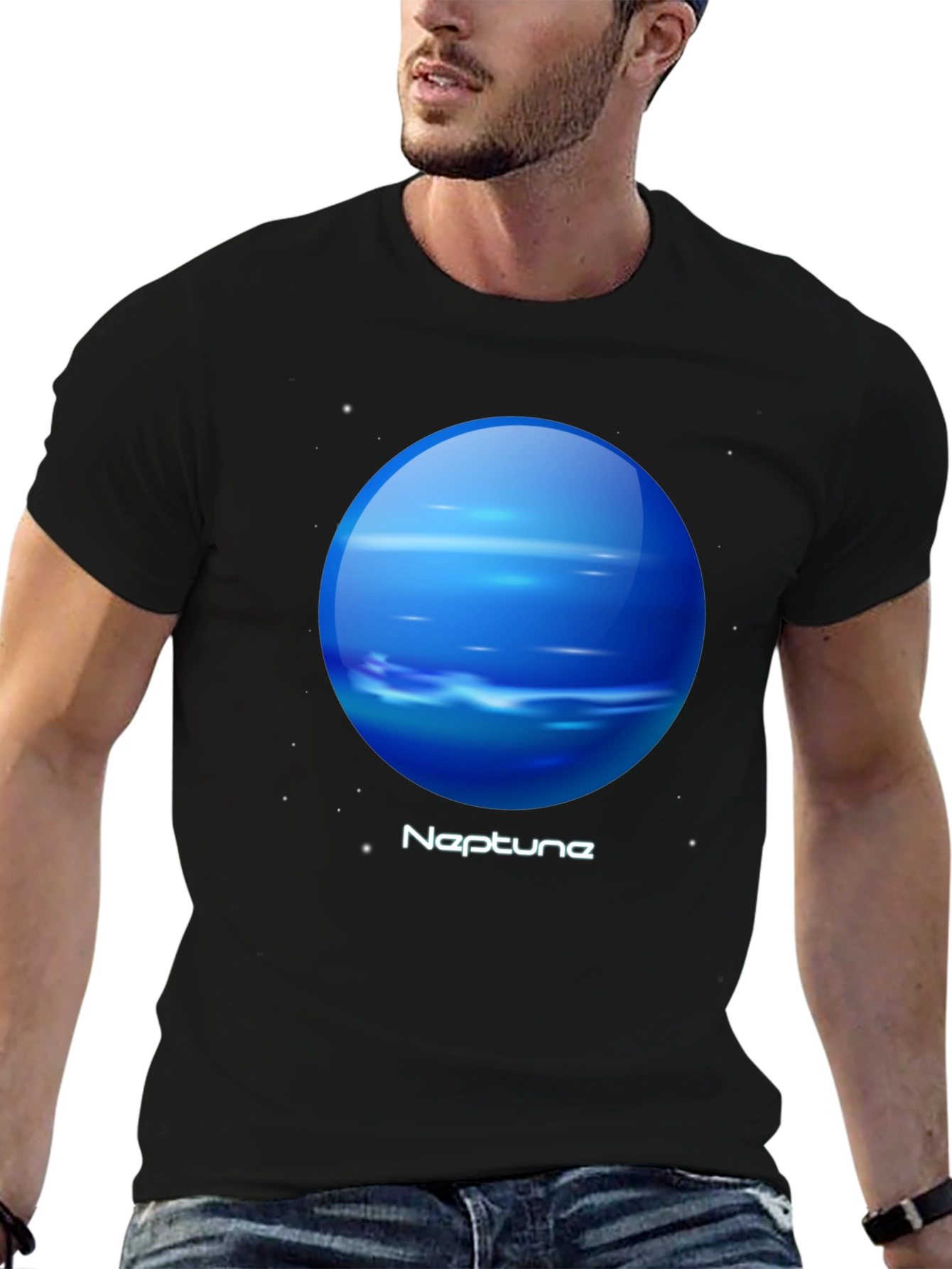 Neptune Graphic Tee - Black Cotton Universe Planet T-Shirt