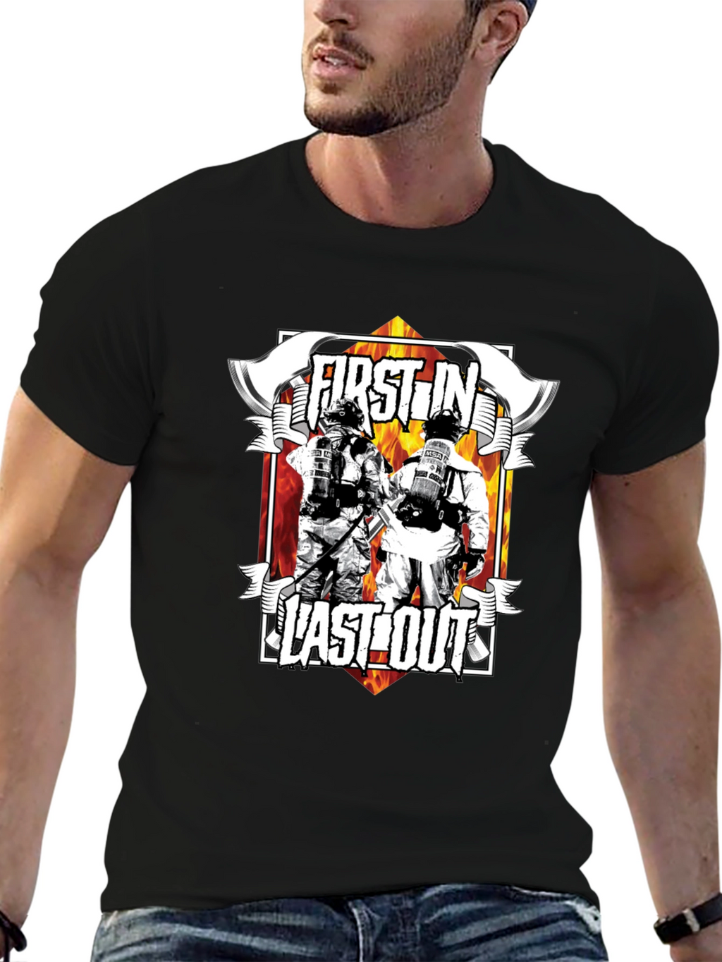 First In Last Out Firefighter Graphic T-Shirt