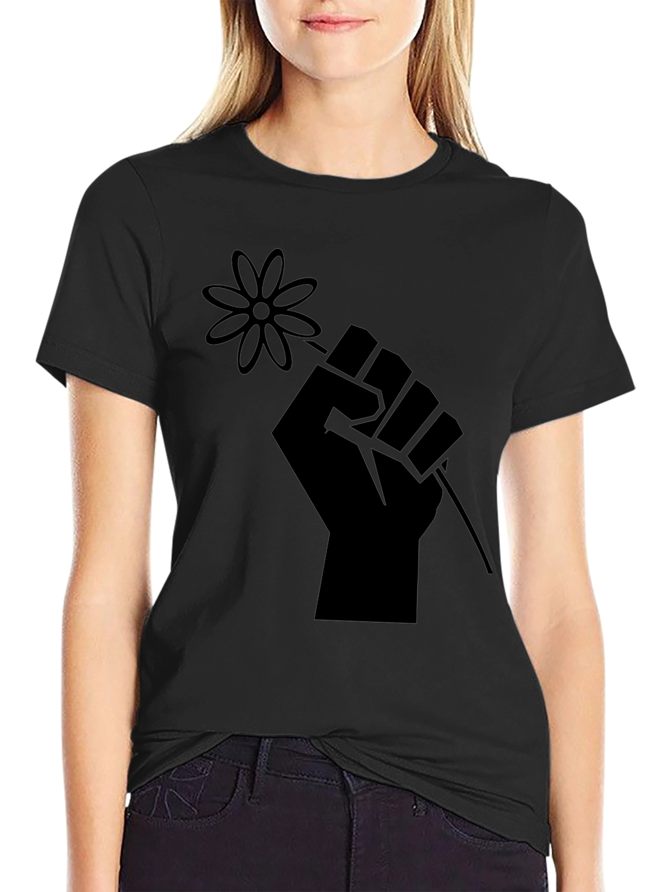 Black T-Shirt with Raised Fist & Flower Graphic