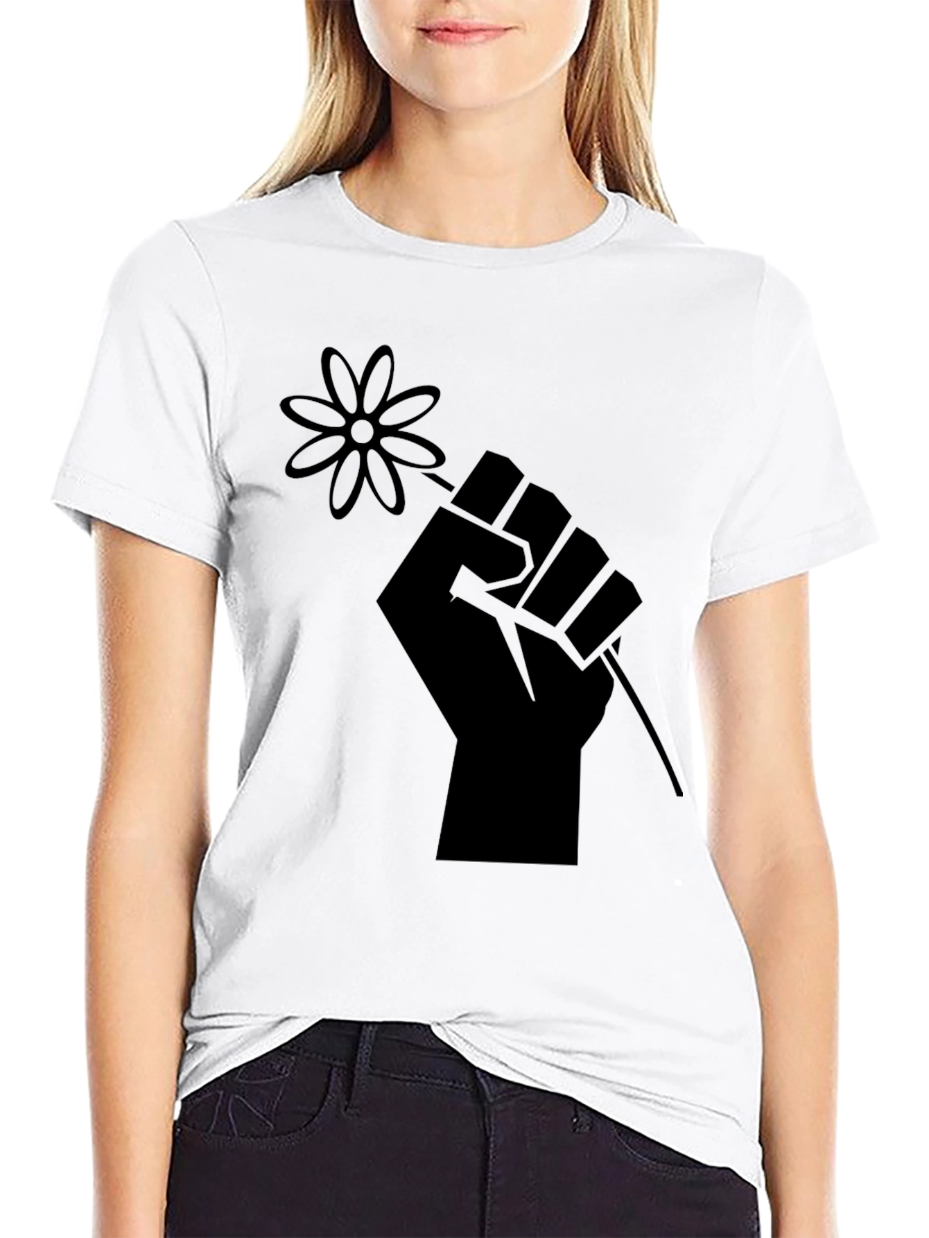 Black T-Shirt with Raised Fist & Flower Graphic