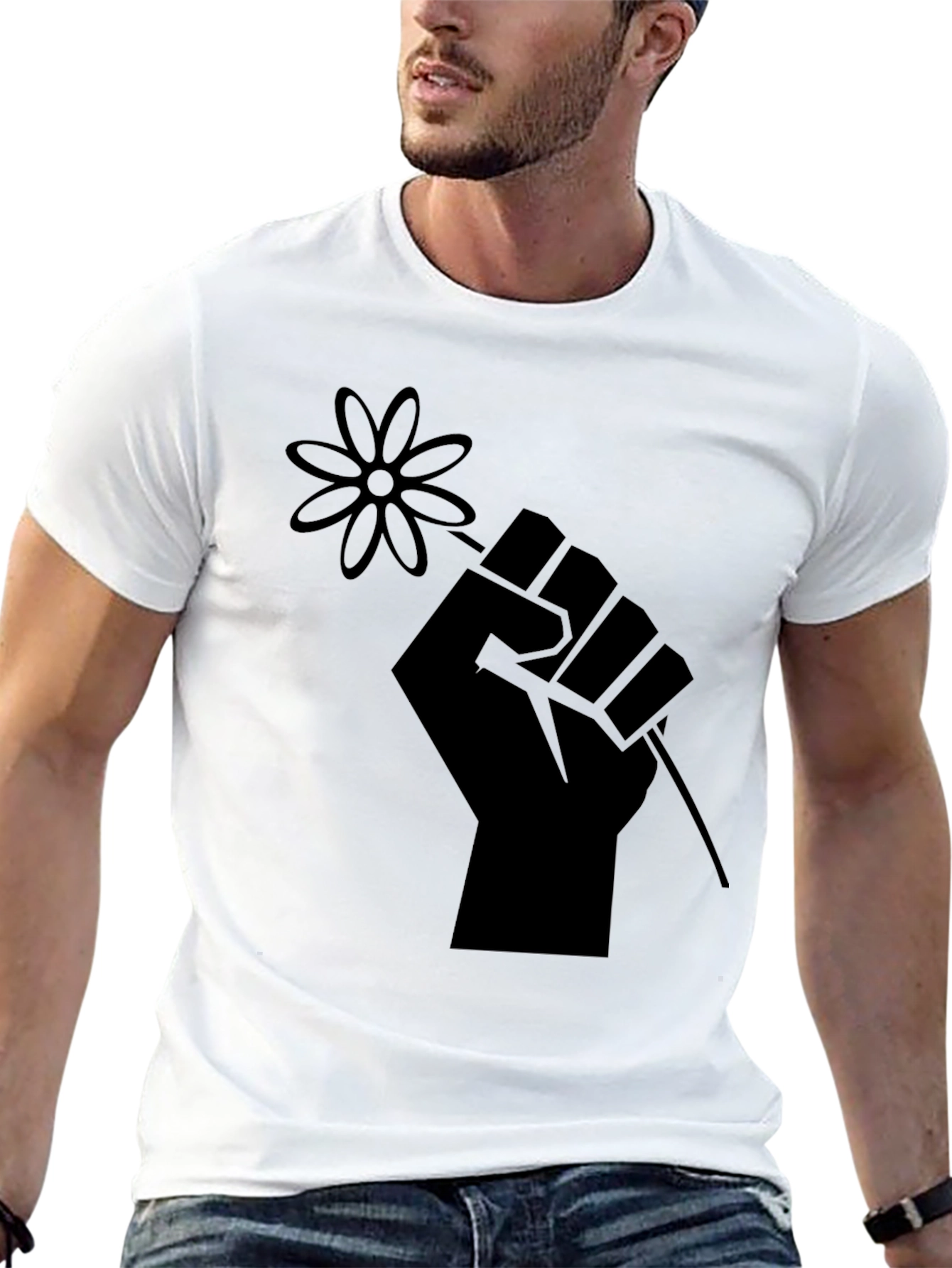Black T-Shirt with Raised Fist & Flower Graphic