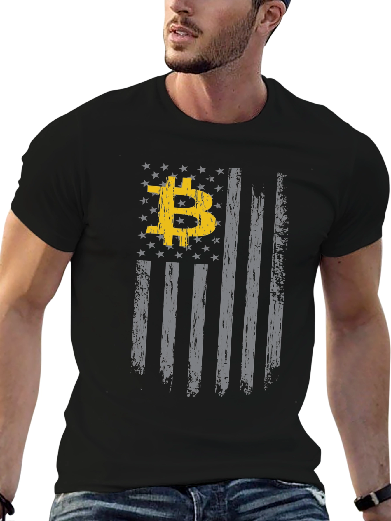 Bitcoin USA Flag Graphic Black T-Shirt