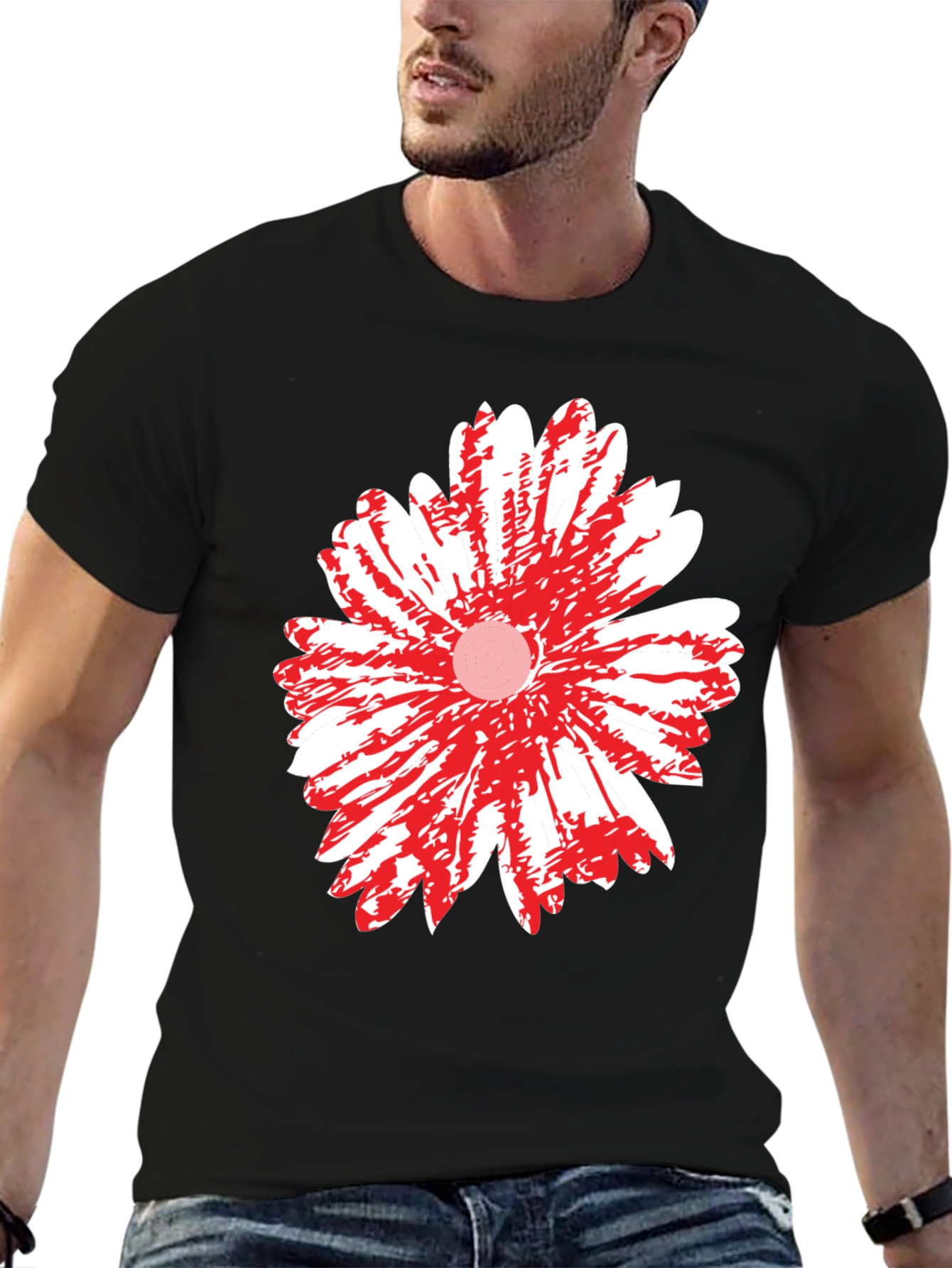 Black T-Shirt with Red & White Daisy Flower Graphic