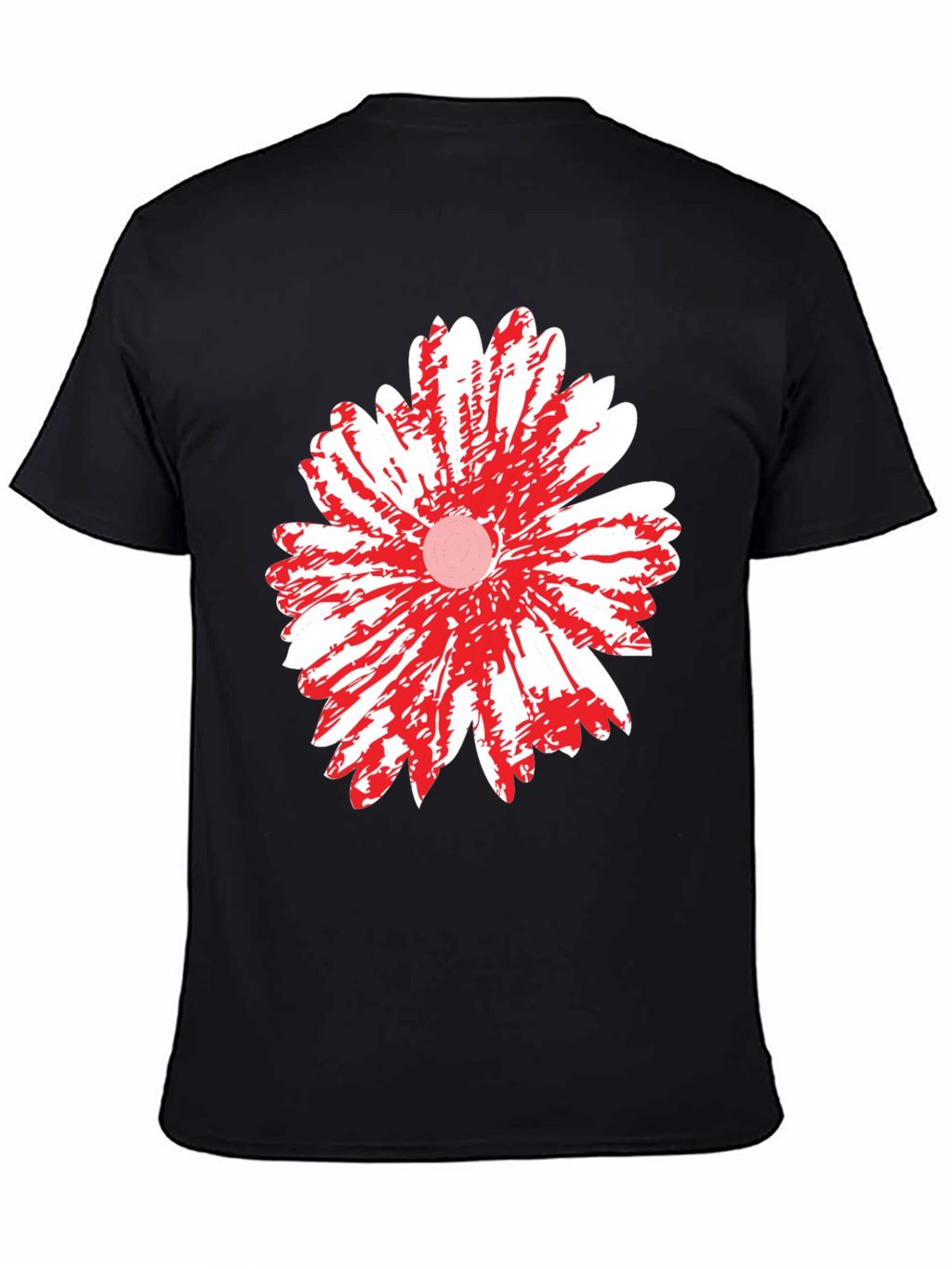 Black T-Shirt with Red & White Daisy Flower Graphic