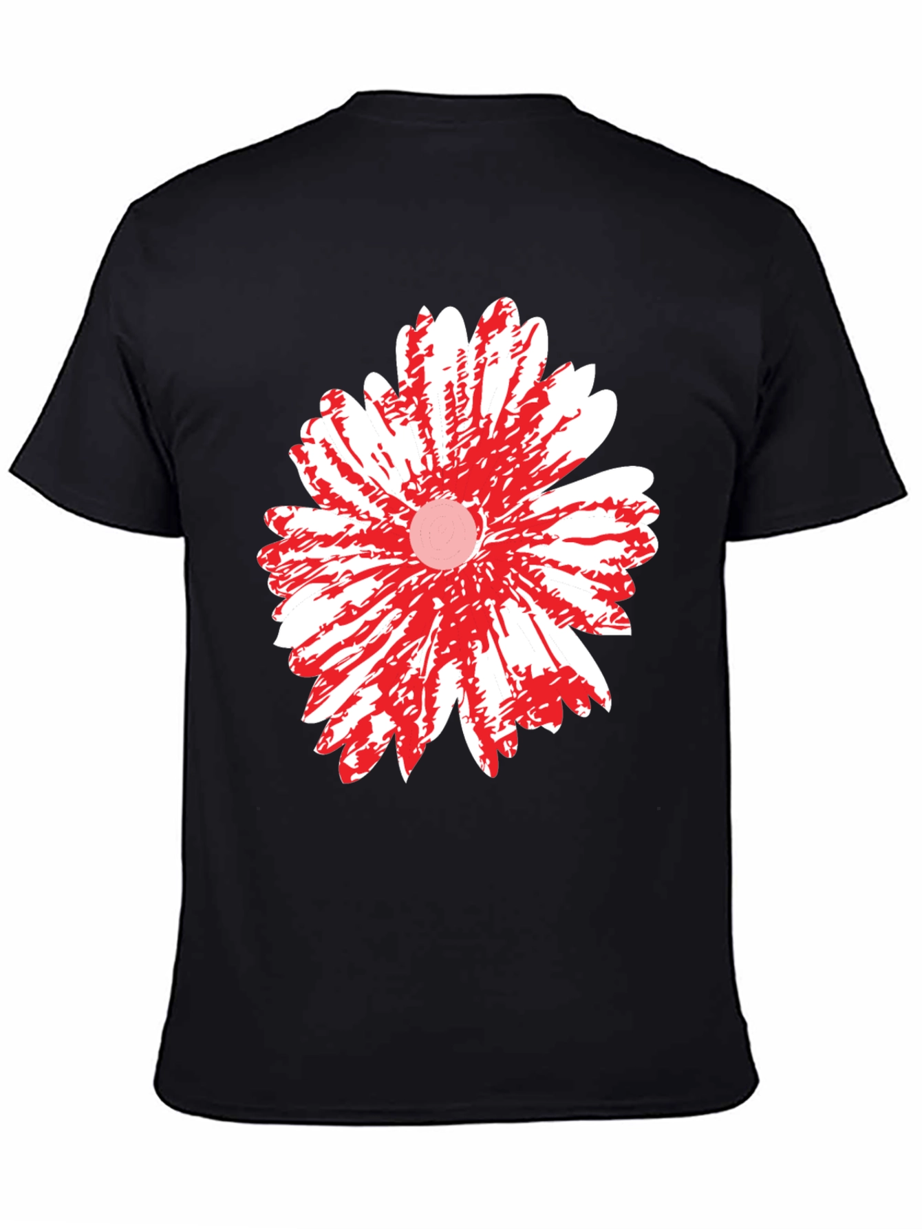 Black T-Shirt with Red & White Daisy Flower Graphic