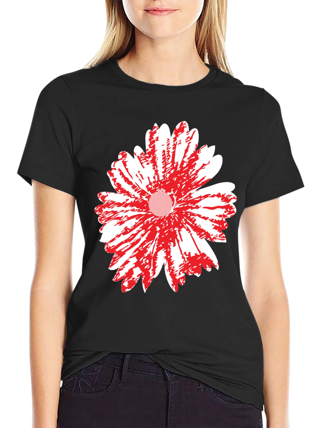 Black T-Shirt with Red & White Daisy Flower Graphic