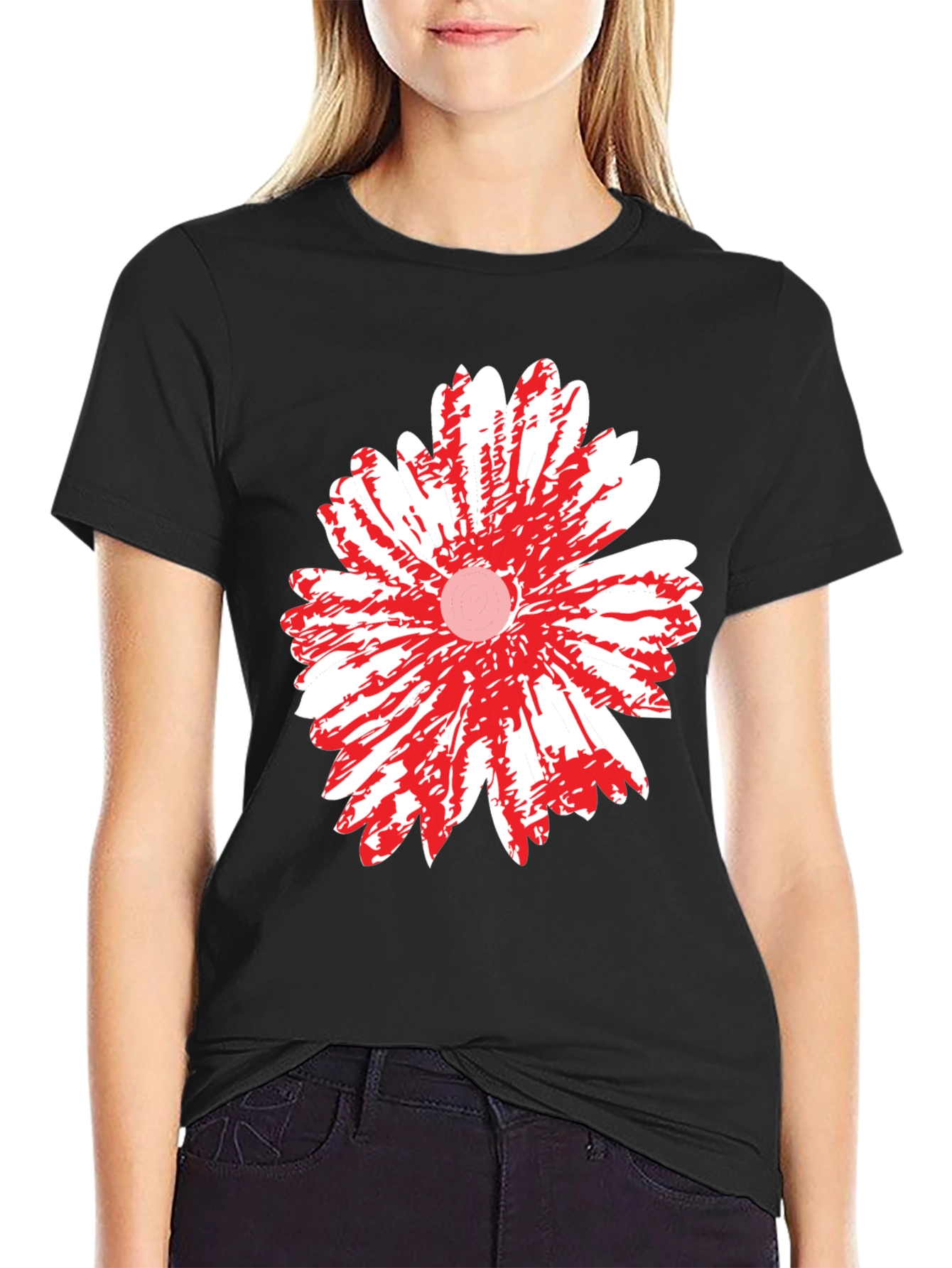 Black T-Shirt with Red & White Daisy Flower Graphic
