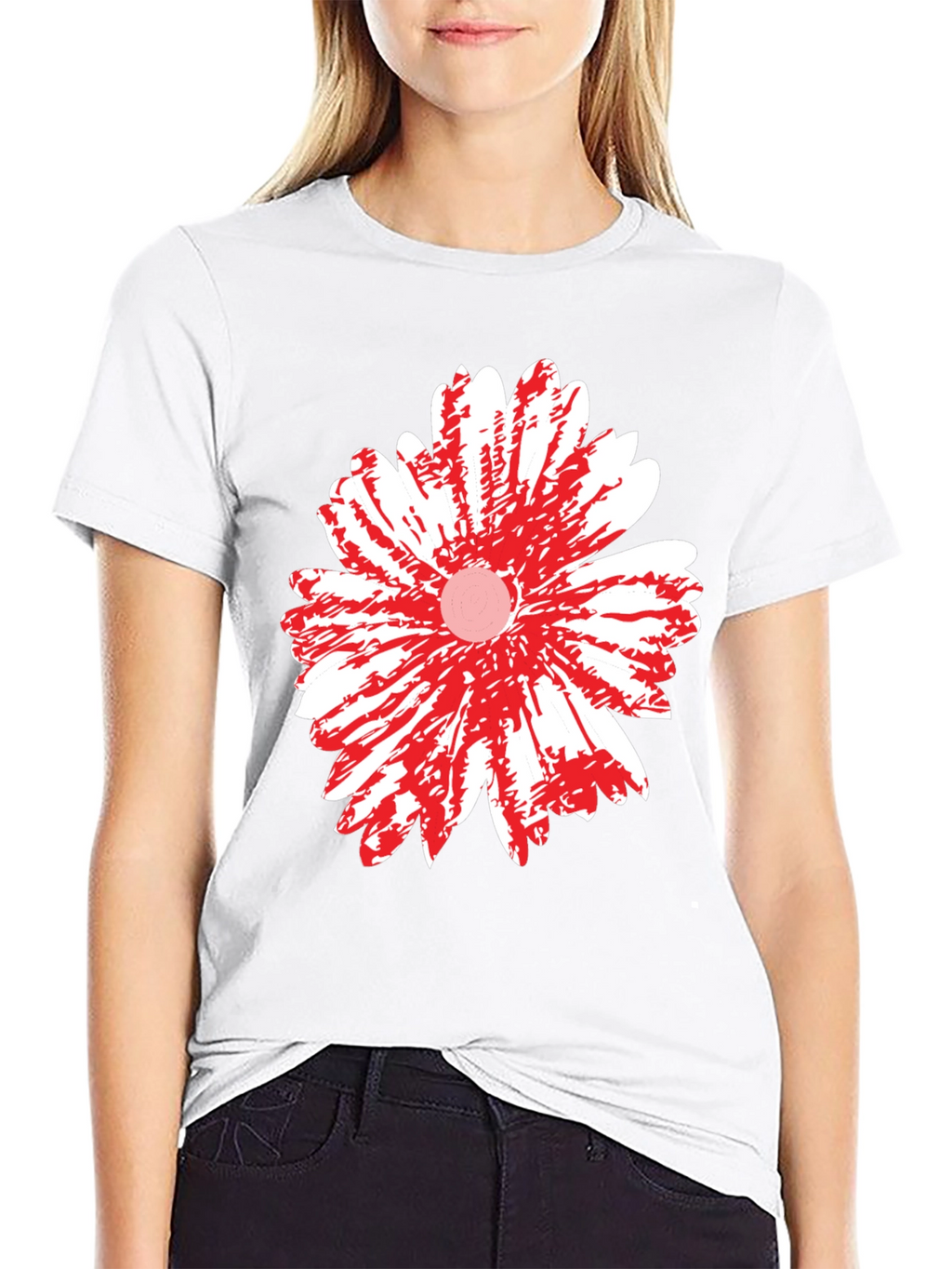 Black T-Shirt with Red & White Daisy Flower Graphic
