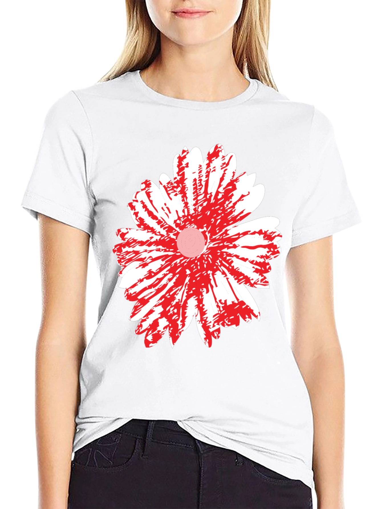 Black T-Shirt with Red & White Daisy Flower Graphic