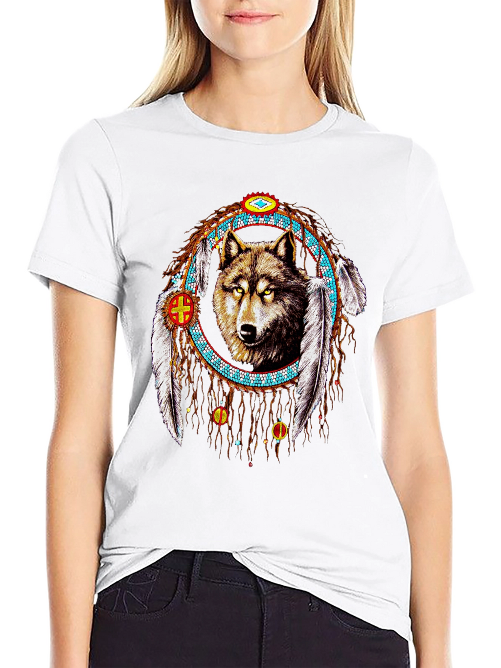 Wolf Dreamcatcher Graphic Tee - Native American Style