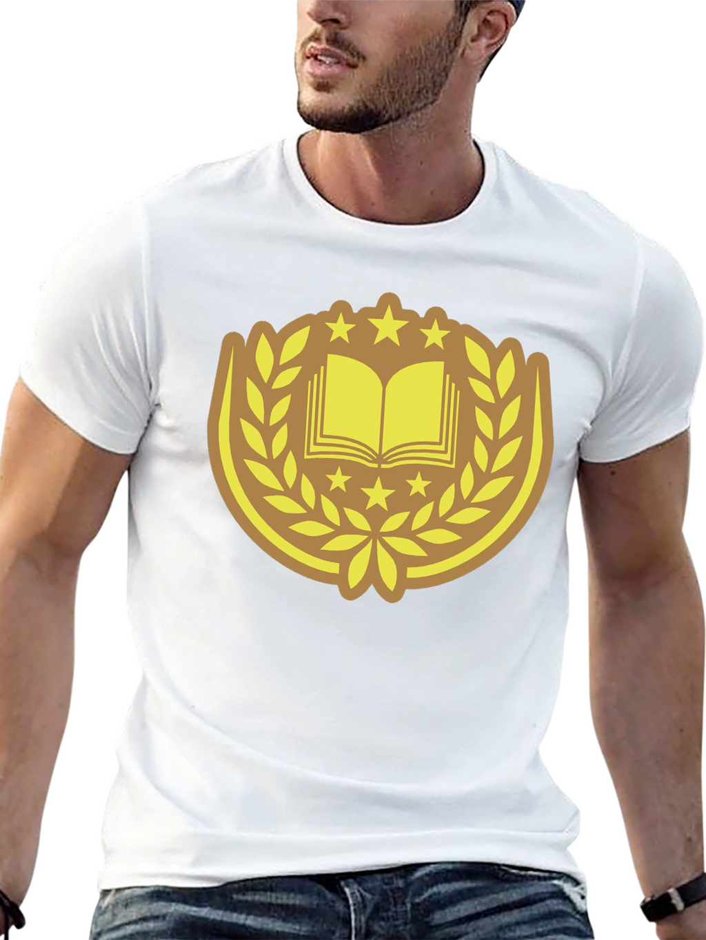 Black T-Shirt with Book & Laurel Design