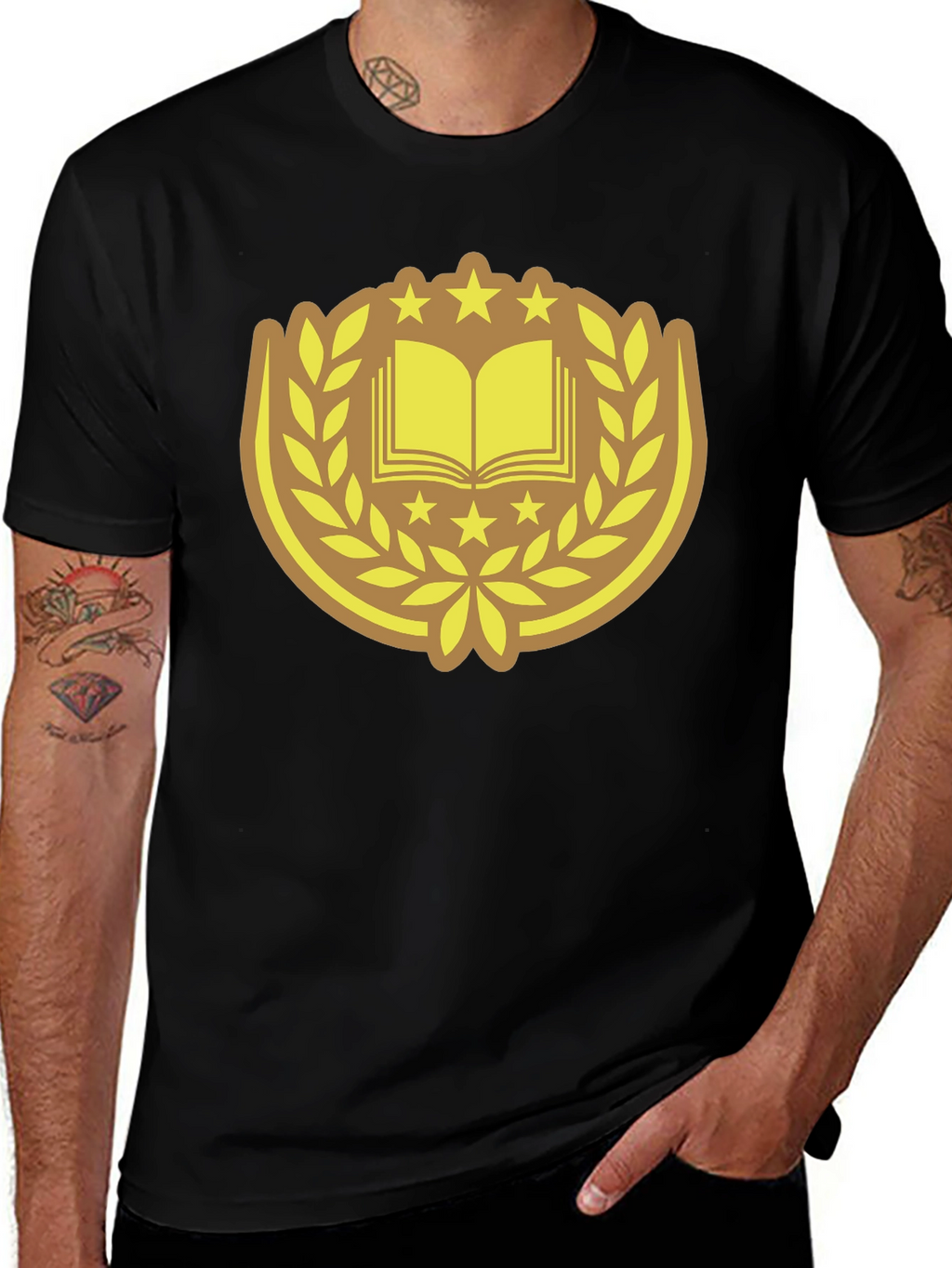 Black T-Shirt with Book & Laurel Design