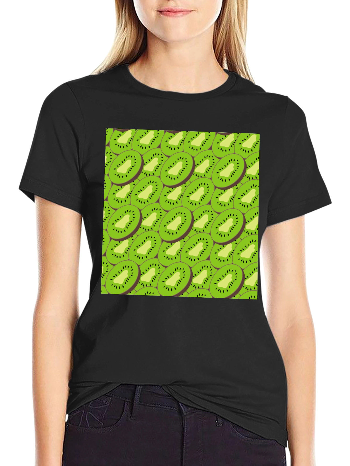 Kiwi Slice Print Black T-Shirt