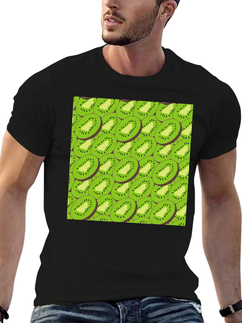 Kiwi Slice Print Black T-Shirt