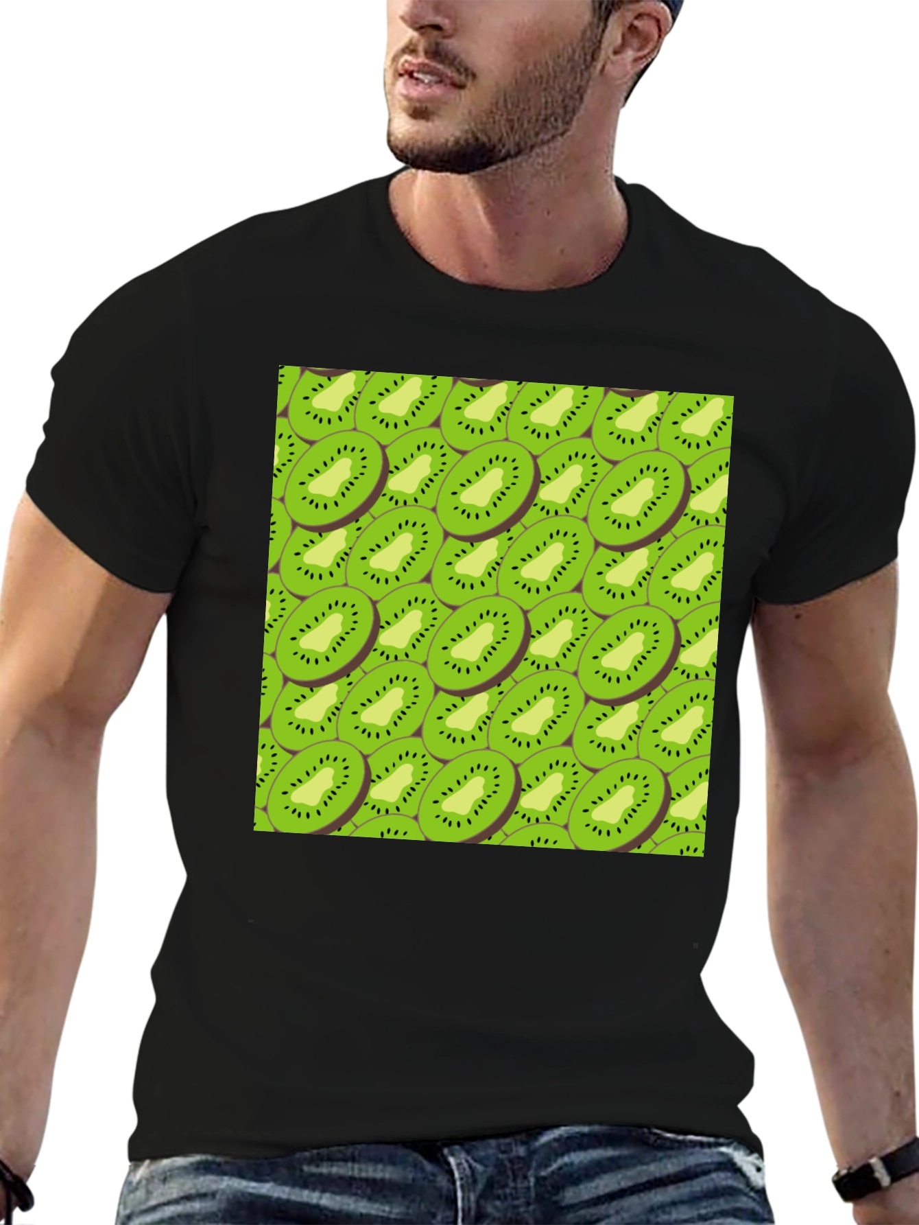 Kiwi Slice Print Black T-Shirt