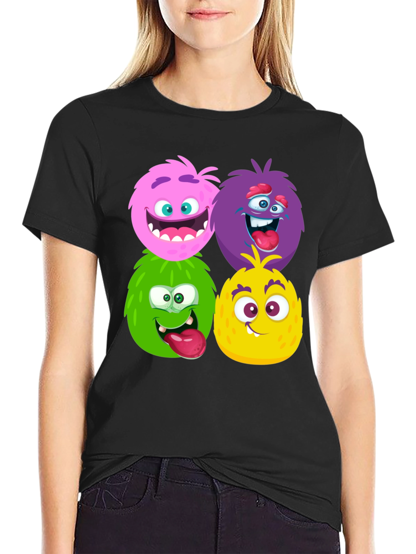 Fun Monster Faces Graphic Black T-Shirt