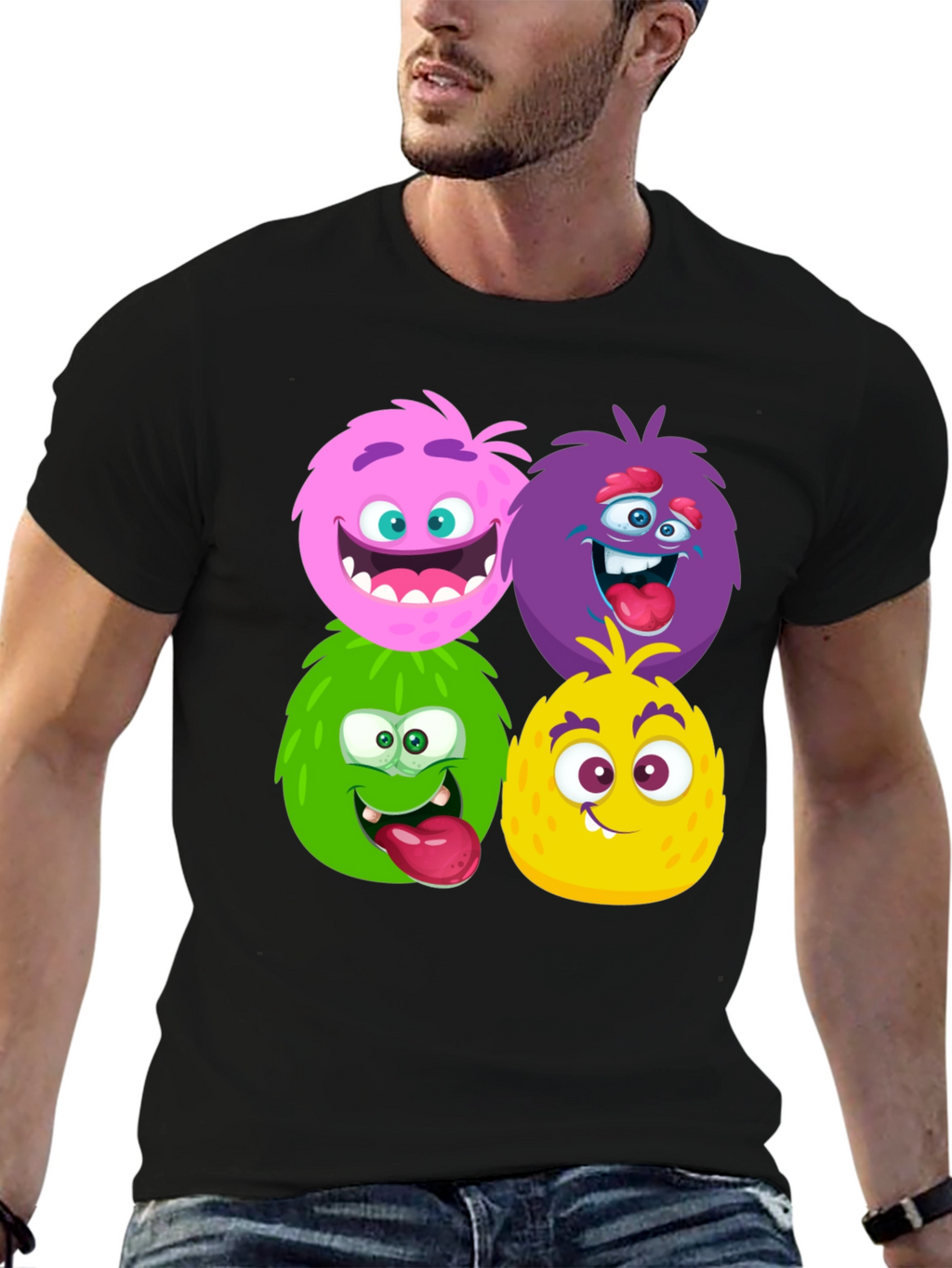 Fun Monster Faces Graphic Black T-Shirt