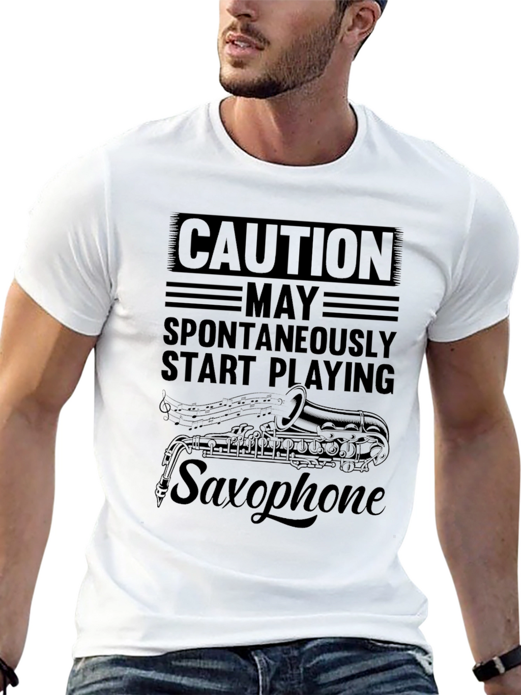 Caution Spontaneously Start Playing Saxophone Black T-Shirt