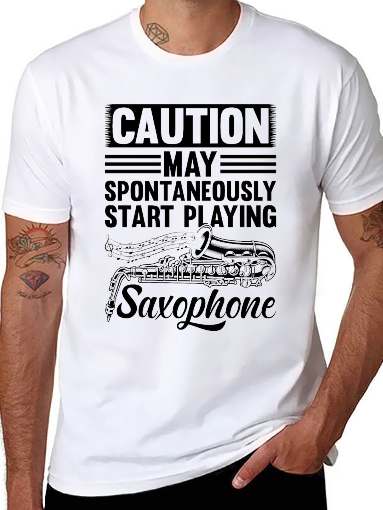Caution Spontaneously Start Playing Saxophone Black T-Shirt