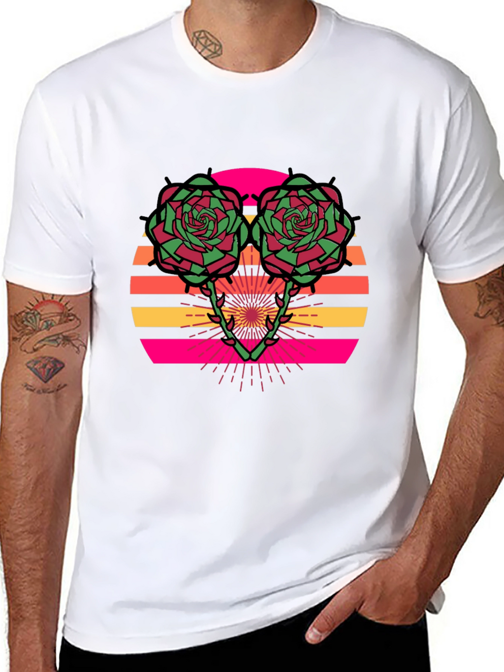 Retro Rose Sunset Graphic Tee - Stylish Black T-Shirt