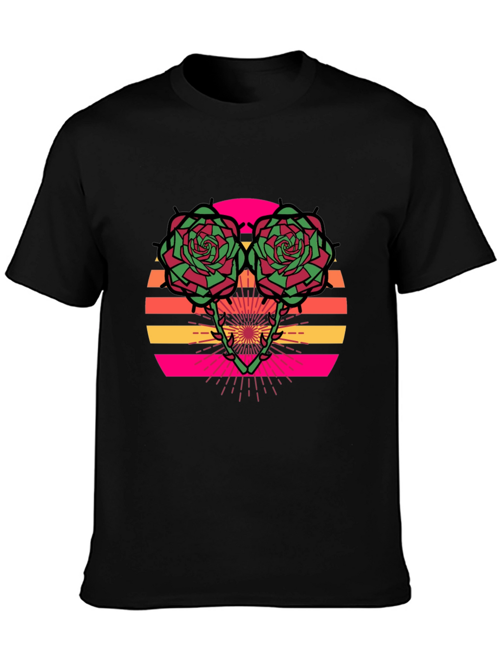 Retro Rose Sunset Graphic Tee - Stylish Black T-Shirt