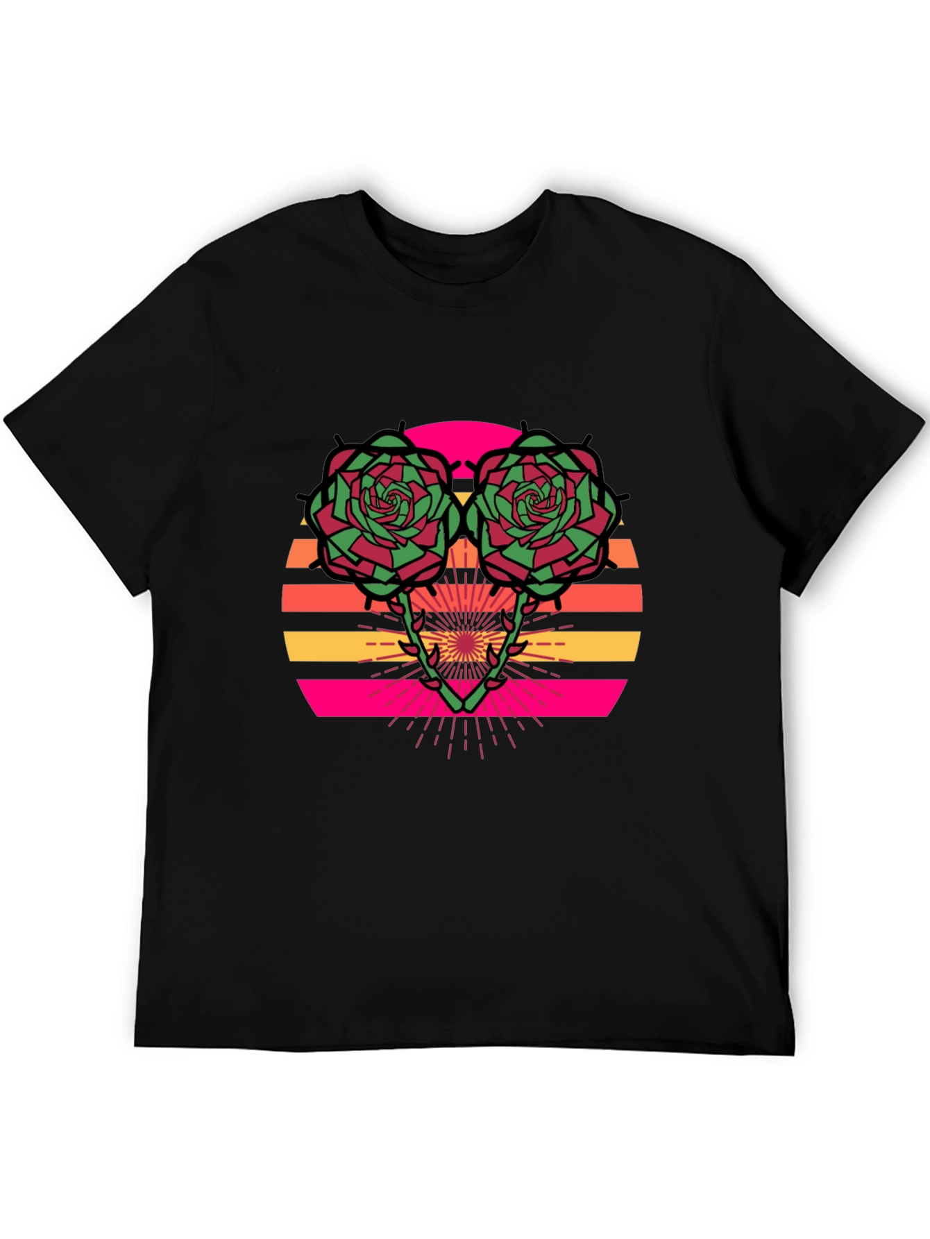 Retro Rose Sunset Graphic Tee - Stylish Black T-Shirt