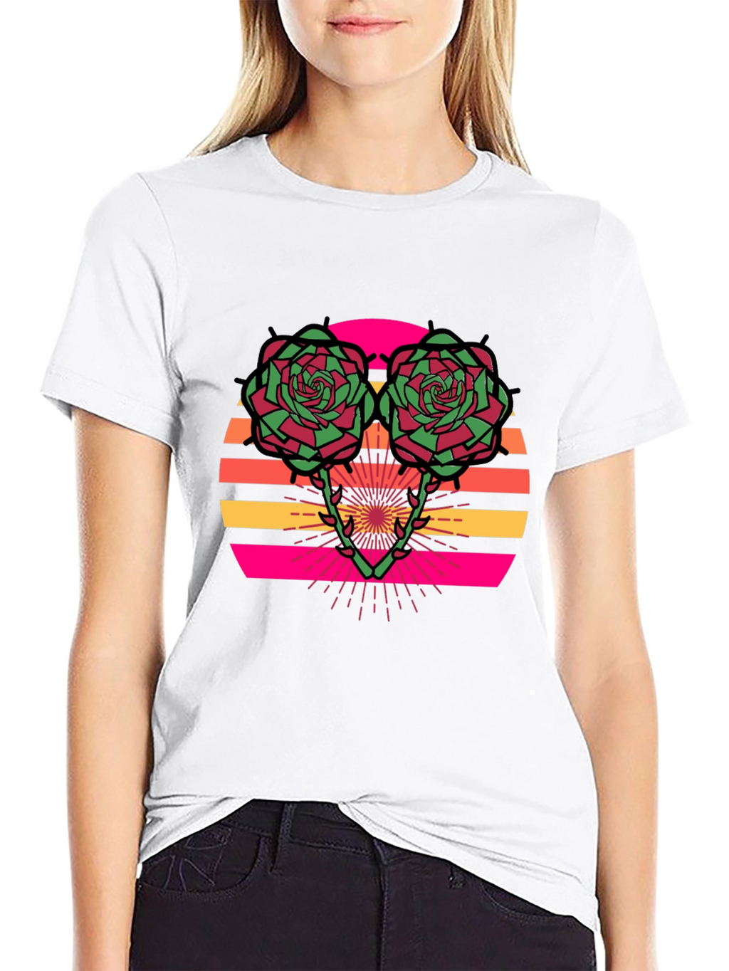 Retro Rose Sunset Graphic Tee - Stylish Black T-Shirt