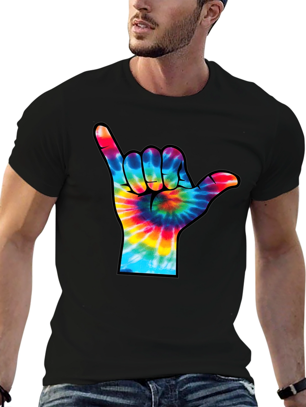 Tie-Dye Shaka Sign Black T-Shirt